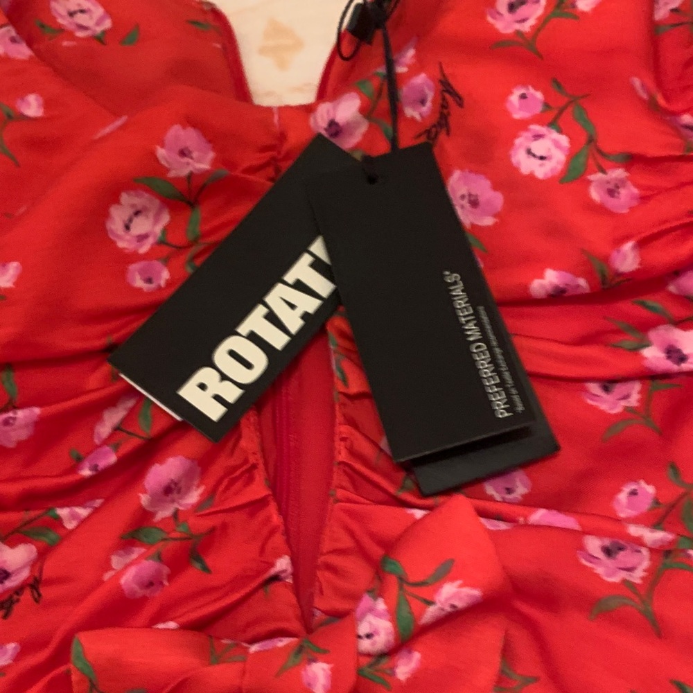 Red Ruched Floral Midi Dress with Ruffle Hem - Picture 2 of 6